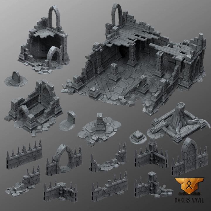 Ruined Church | Full Set | Tabletop Gaming & Diorama Scenery Terrain | 28mm to 32mm Scale | 3D Printed | Makers Anvil | Free Shipping