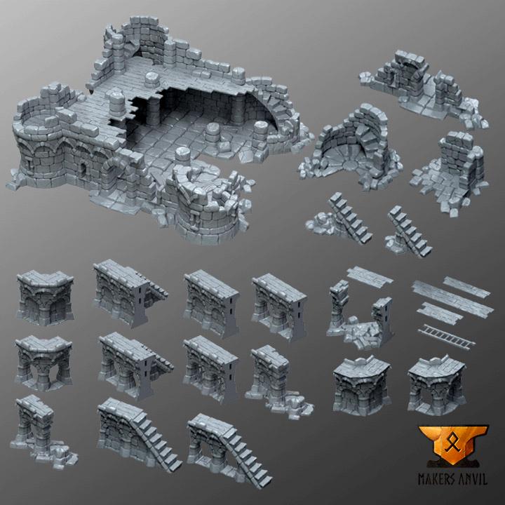 Ruined Town | Full Set | Tabletop Gaming & Diorama Scenery Terrain | 28mm to 32mm Scale | 3D Printed | Makers Anvil | Free Shipping