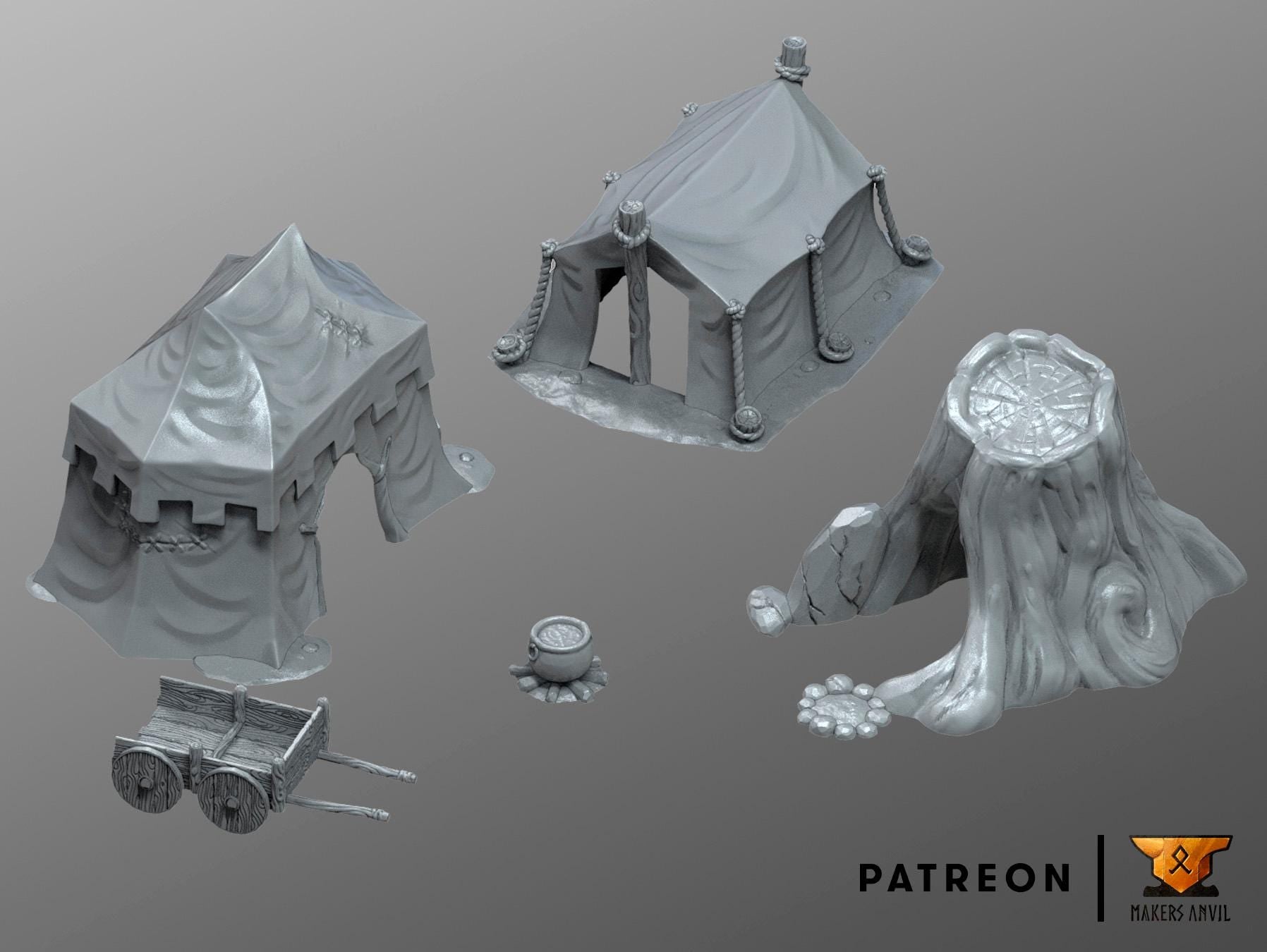Campsite Set | Tabletop Gaming & Diorama Scenery Terrain | 28mm to 32mm Scale | 3D Printed | Makers Anvil | Free Shipping