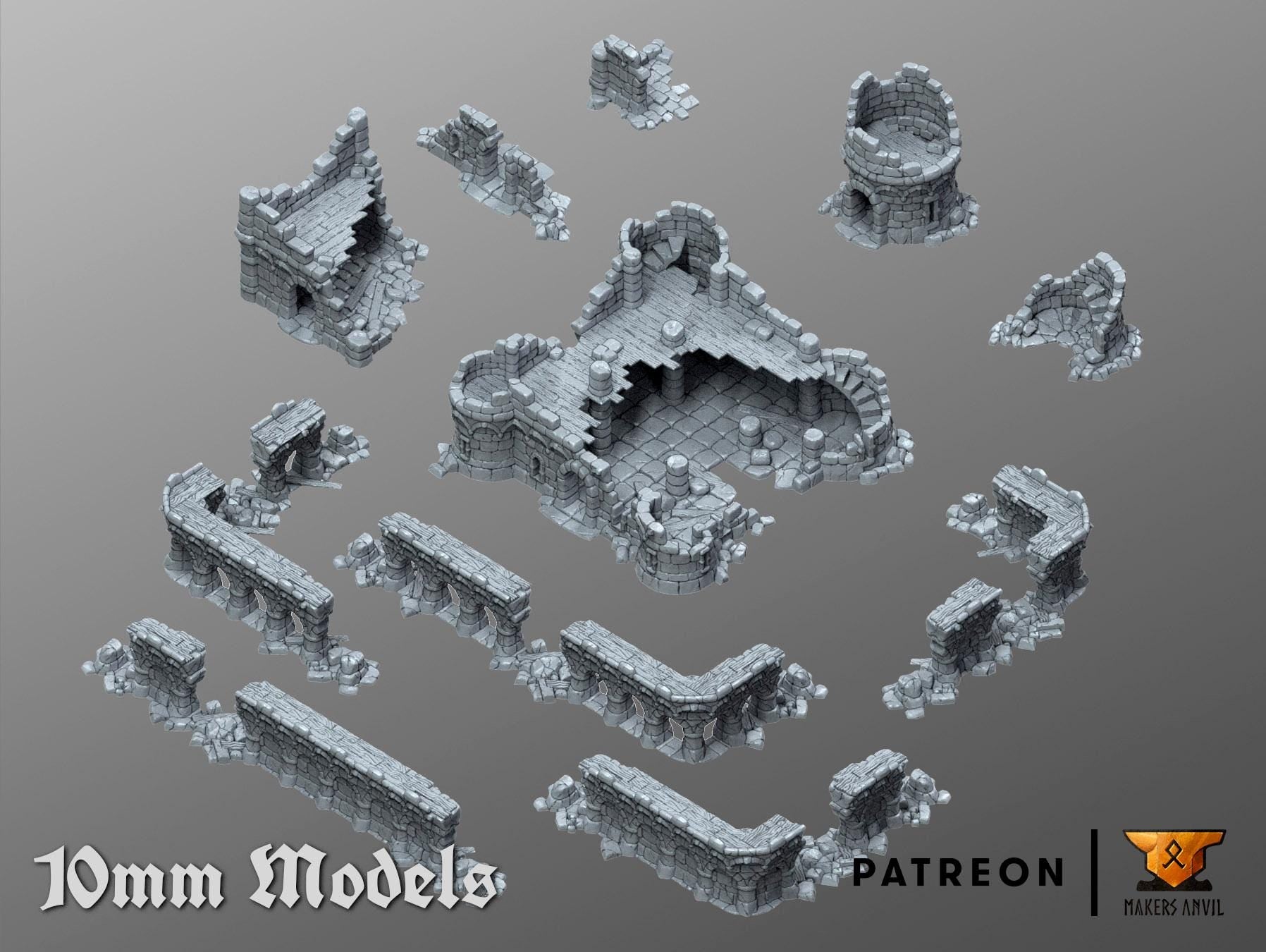 Ruined Town 10mm | Full Set | Tabletop Gaming & Diorama Scenery Terrain | 10mm Scale | 3D Printed | Makers Anvil | Free Shipping