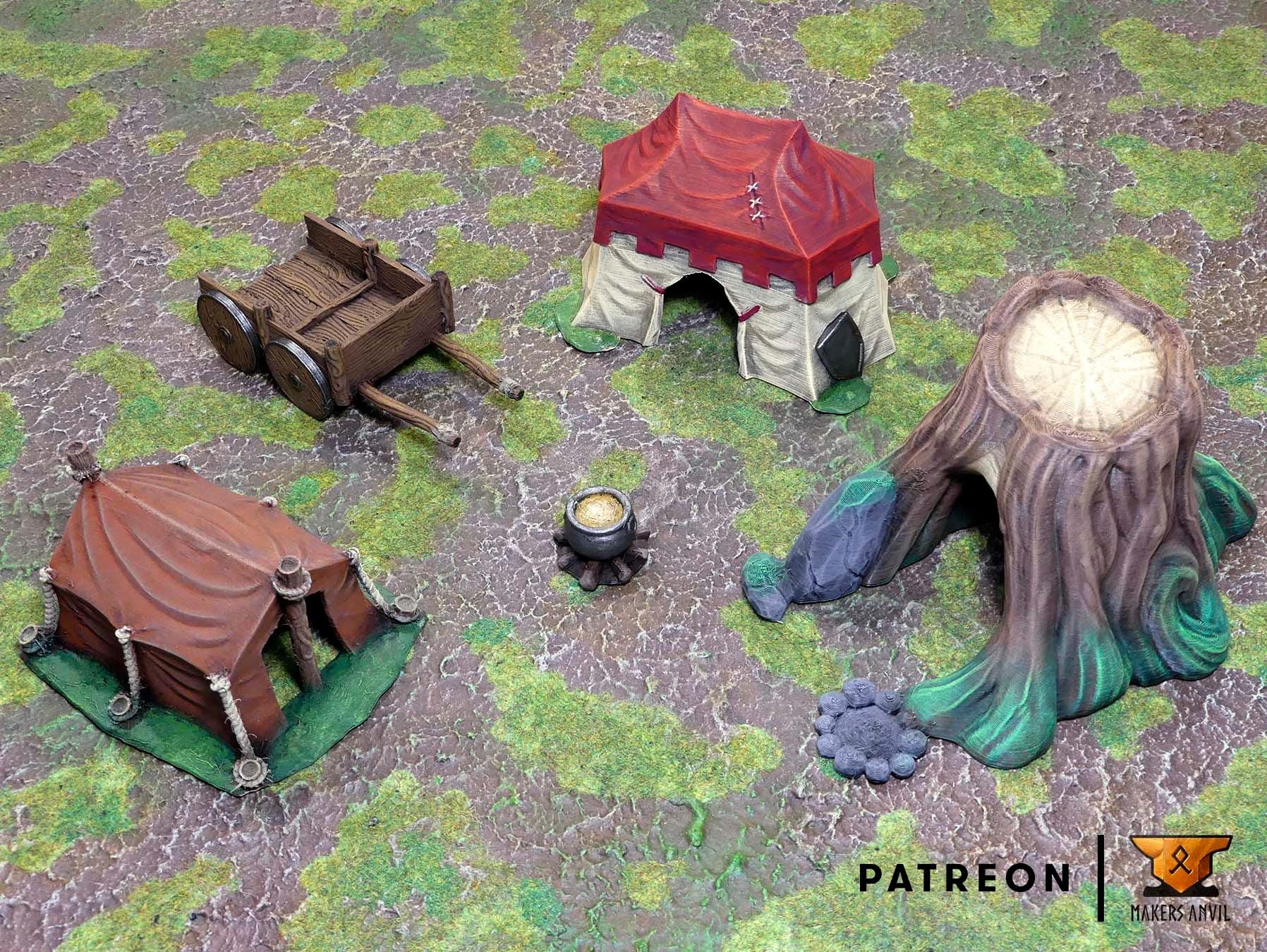 Campsite Set | Tabletop Gaming & Diorama Scenery Terrain | 28mm to 32mm Scale | 3D Printed | Makers Anvil | Free Shipping